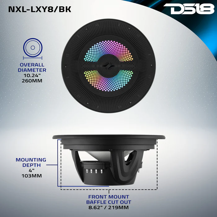 NXL-LXY8 Luxury 8” 2-Way Marine Coaxial Speaker with Digital LED Lights and Flush Magnetic Mount Grille | 175W RMS 4-Ohm - Image 9